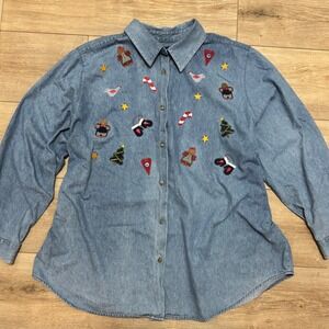 Karen Scott II 2X Christmas Denim Shirt Embroidered Holiday Applique Cottagecore